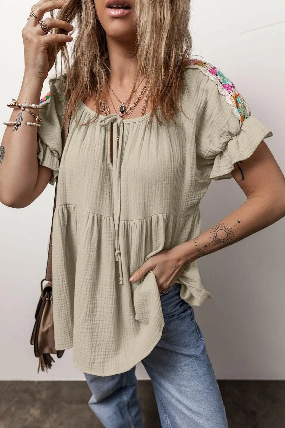 Embroidered tie neck blouse - cotton - Love Salve